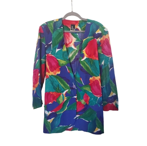 Ali Miles Art to Wear Buttonfront Lagenlook Vibrant Floral Vintage Blazer, Sz 12 - Picture 1 of 14